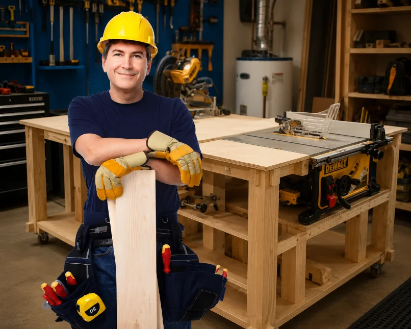 Carpintero profesional con banco de madera